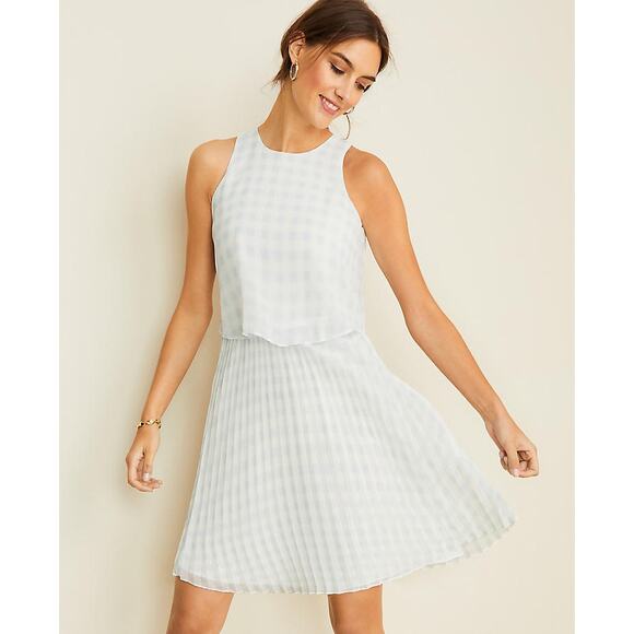 Ann Taylor Blue + White Petite Gingham Overlay Pleated Flare Dress - Size 12 - Picture 1 of 10